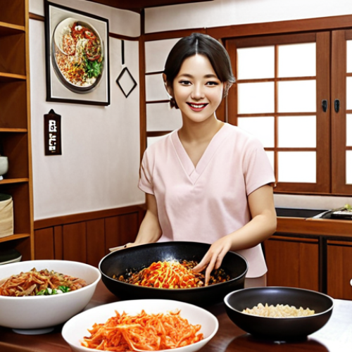 **

A cozy home interior transformed to resemble a Korean living space. Korean posters decorate the walls, and Korean cookbooks are visible on a shelf. A person is smiling while preparing a Korean dish like Kimchi or Bibimbap. The overall atmosphere is warm, inviting, and culturally Korean.

**