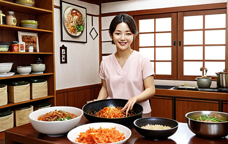 **

A cozy home interior transformed to resemble a Korean living space. Korean posters decorate the walls, and Korean cookbooks are visible on a shelf. A person is smiling while preparing a Korean dish like Kimchi or Bibimbap. The overall atmosphere is warm, inviting, and culturally Korean.

**