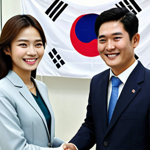 Professional Career Advancement**

"A Thai woman in her late 20s, dressed in a modest and professional business attire suitable for a Bangkok office, smiling confidently while shaking hands with a Korean businessman. The background shows a modern office setting with the Thai and South Korean flags subtly displayed. Fully clothed, appropriate content, safe for work, perfect anatomy, natural proportions, professional, family-friendly."

**