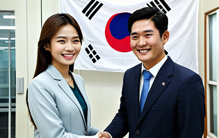 Professional Career Advancement**

"A Thai woman in her late 20s, dressed in a modest and professional business attire suitable for a Bangkok office, smiling confidently while shaking hands with a Korean businessman. The background shows a modern office setting with the Thai and South Korean flags subtly displayed. Fully clothed, appropriate content, safe for work, perfect anatomy, natural proportions, professional, family-friendly."

**